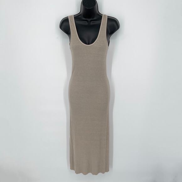 Enza Costa Women's Silk Rib Knit Tank Midi Dress *SAMPLE* U-Neckline NEW M Stone - Picture 1 of 9